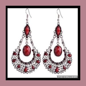 NWT HP Silver Boho Rhinestone Ruby Red Dangle Earrings